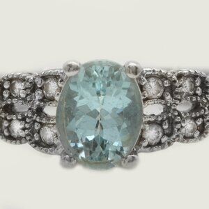 1.58 Carat Natural Blue Aquamarine and Diamonds 10K Solid White Gold Ring